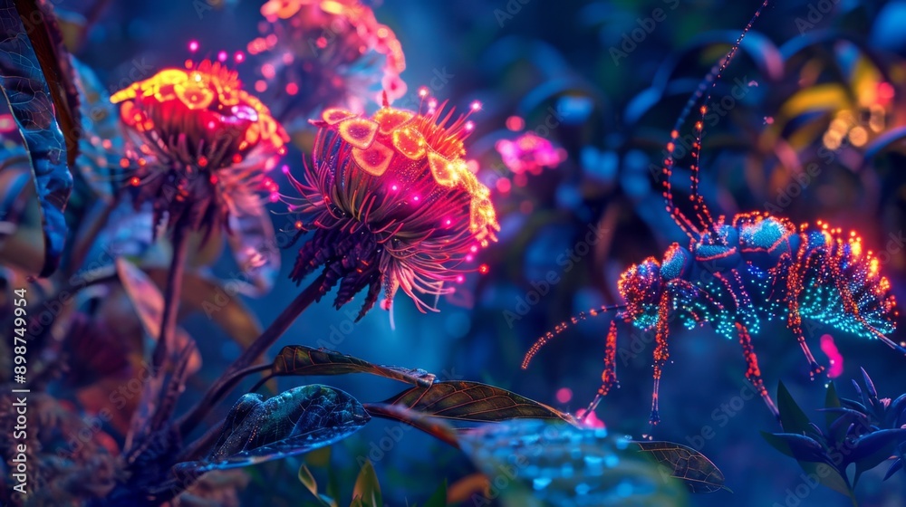 Obraz premium Colorful alien insects crawling on glowing plants, focus on biodiversity,