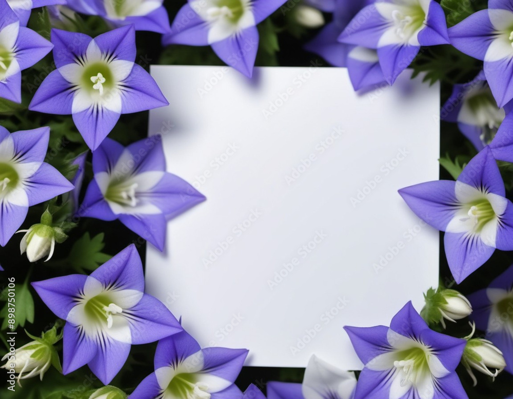 Blank piece of paper surrounded by frame of purple or blue bellflowers. Flowers arranged around paper, creating natural beautiful border. Background or template for a variety of purposes, copy space. Blank piece of paper surrounded by frame of purple or blue bellflowers. Flowers arranged around paper, creating natural beautiful border. Background or template for a variety of purposes, copy space.