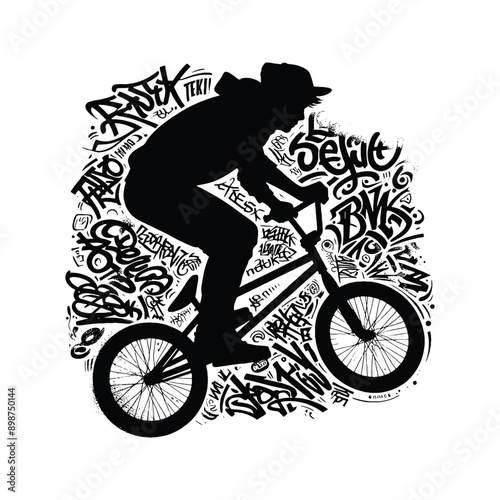 cycling, bmx, downhill, mountain biking  male player in graffiti tags, street art pattern illustration, emblem shield badge