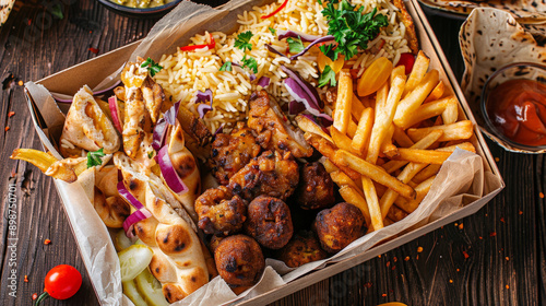 frybox with fries, chicken, potato balls, pita and more