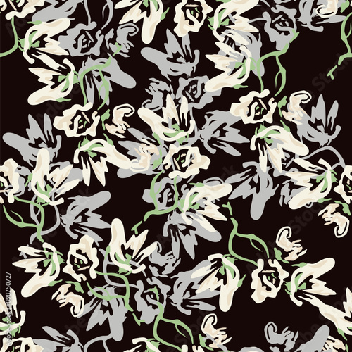 Elegance pink floral stems seamless pattern on a grey background. Vector hand drawn. Artistic, abstract flowers and tiny leaves, buds bells printing. Template for designs, fabric, fashion, textile
