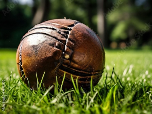 A worn leather cricket ball lies on the green grass. AI generated.