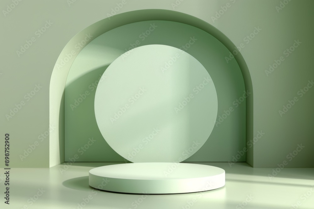 Minimalist green podium with leaves and geometric shapes in natural light Minimalist green podium with leaves and geometric shapes in natural light