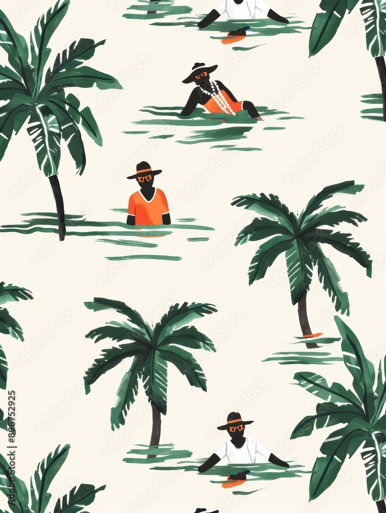 A tropical scene with people in the water and palm trees A tropical scene with people in the water and palm trees