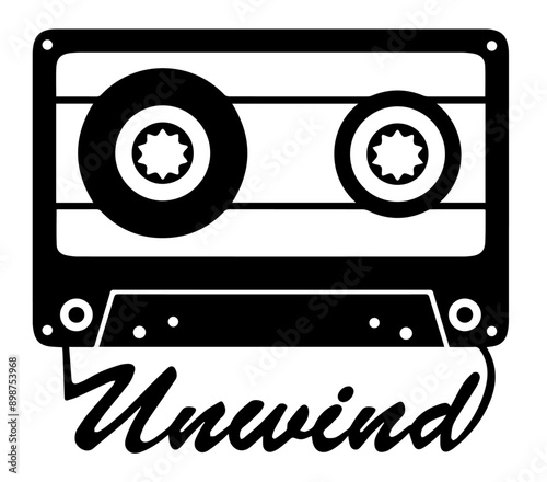 Audio cassette tape vector. Flat black icon. Tape spells unwind.