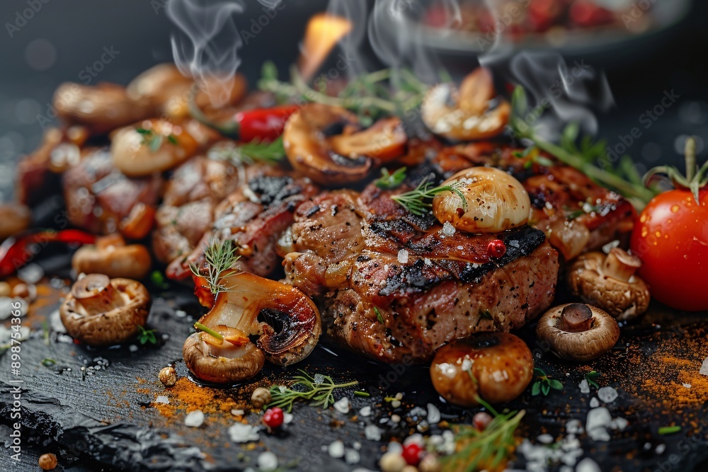 Juicy roasted meat and mushrooms , flame at the dark background, appetizing look. Juicy roasted meat and mushrooms , flame at the dark background, appetizing look.