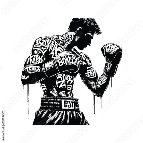 Boxing, Kickboxing   male player in graffiti tags, street art pattern illustration, emblem shield badge