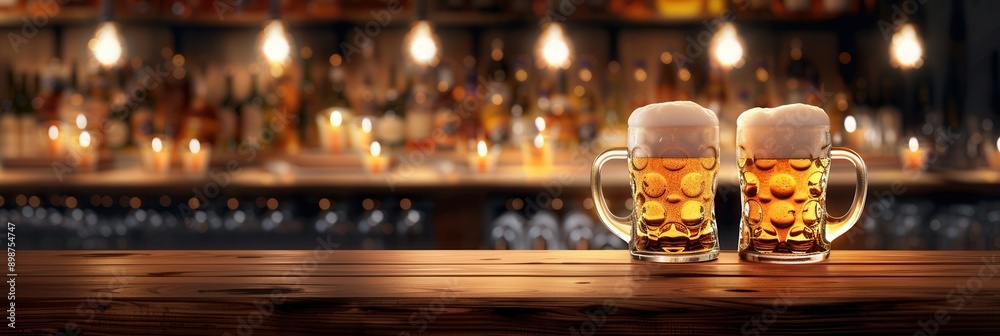 Two full glasses of beer sit on a wooden bar counter in a dimly lit pub. Generative AI