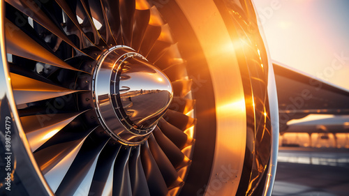 Extreme close up of a modernaircraft jet engine that is attached to the wing; engine blades seen from a frontal angle, during sunset