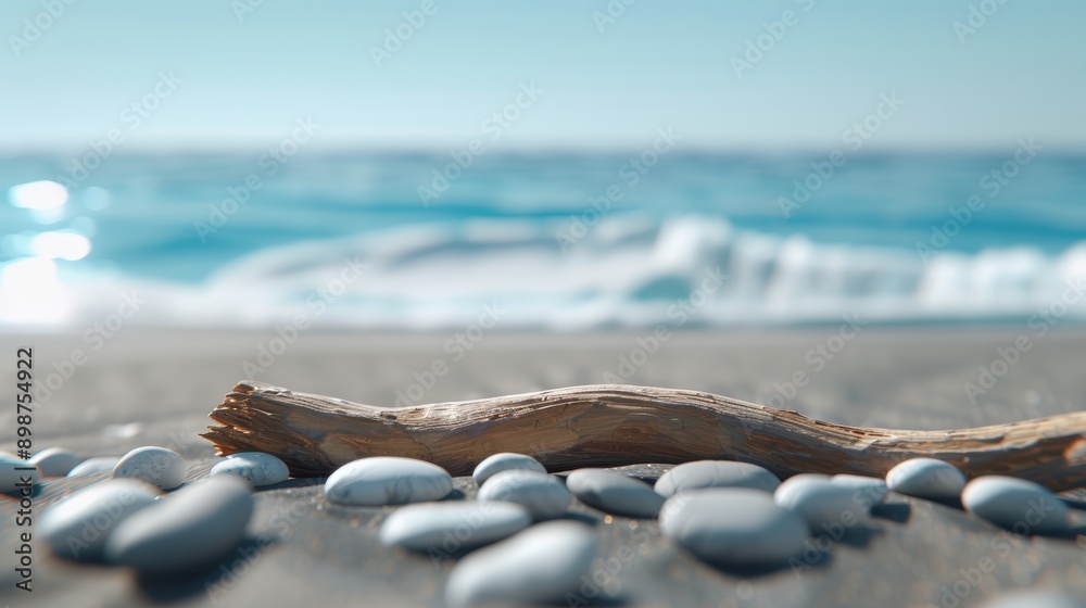 A quiet beach with driftwood, smooth pebbles, and gentle waves, with copy space, high-resolution photo, cinematic image, hyper realistic A quiet beach with driftwood, smooth pebbles, and gentle waves, with copy space, high-resolution photo, cinematic image, hyper realistic
