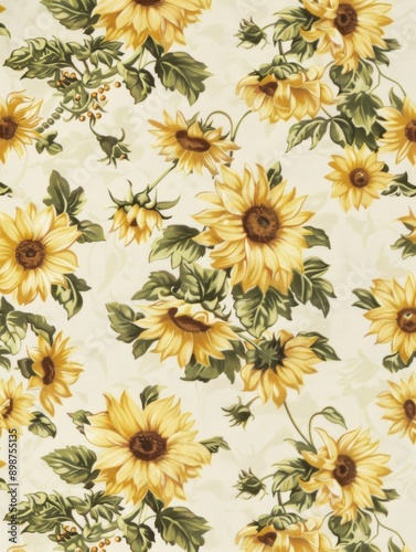 A floral print with yellow sunflowers and green leaves. background