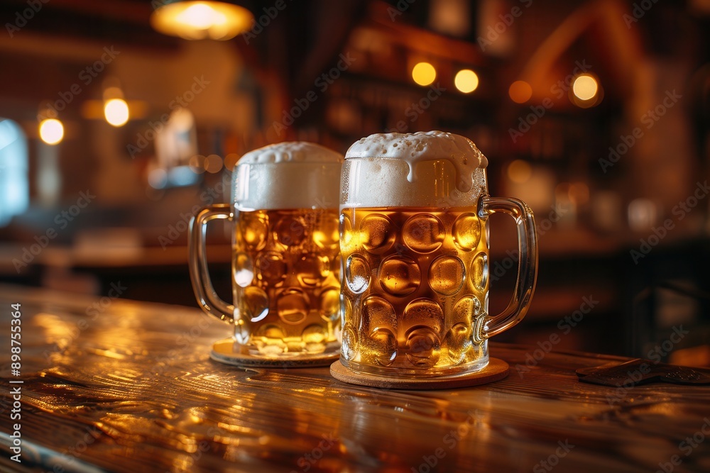Two full beer mugs with foamy heads sit on a wooden bar counter, illuminated by warm, ambient lighting. Generative AI Two full beer mugs with foamy heads sit on a wooden bar counter, illuminated by warm, ambient lighting. Generative AI
