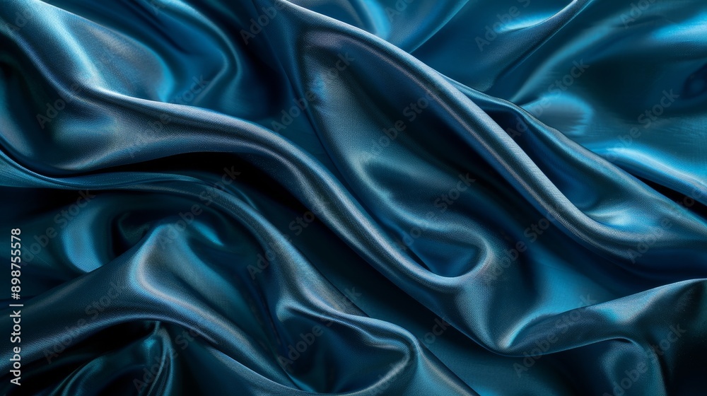 Fototapeta premium The image showcases a smooth blue satin fabric, creating a luxurious and elegant background. It represents softness, fluidity, sophistication, and a sense of indulgence.