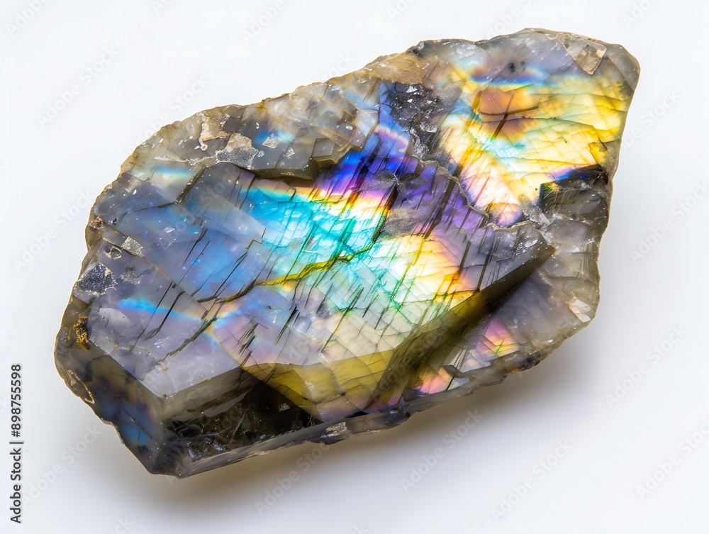 Fototapeta premium Labradorite Gemstone with Iridescent Colors on White Background