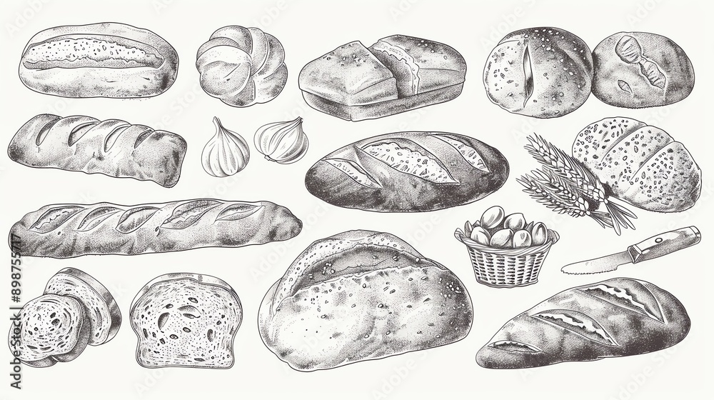 Handdrawn bread set showcasing different shapes and patterns, bread art collection, intricate bakery illustrations