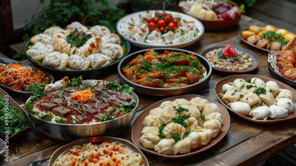 Assortment of Dishes on a Wooden Table Assortment of Dishes on a Wooden Table