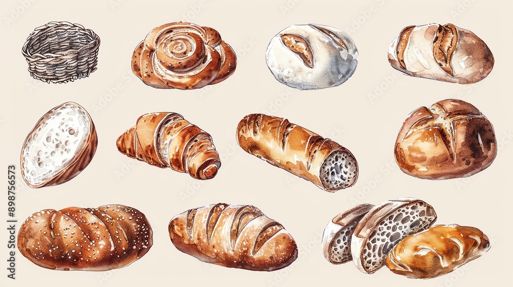 Highdetail illustrations of breads with emphasis on texture and form, detailed bread sketches, artistic bakery collection Highdetail illustrations of breads with emphasis on texture and form, detailed bread sketches, artistic bakery collection