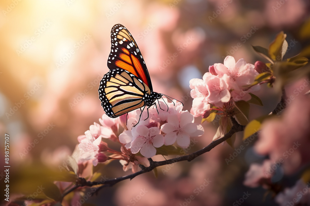 Obraz premium A medium shot with a soft focus of a monarch butterfly which is sitting on a blooming flowerwith a background of typical flowers such as apple blossom a summer background with bokeh and a sunset light