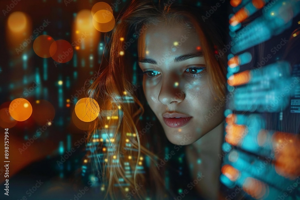 Engrossed in a Pulsating Discussion: Woman Explores Uncharted Knowledge with Advanced AI on Ultramodern Laptop in Sleek Setting Engrossed in a Pulsating Discussion: Woman Explores Uncharted Knowledge with Advanced AI on Ultramodern Laptop in Sleek Setting