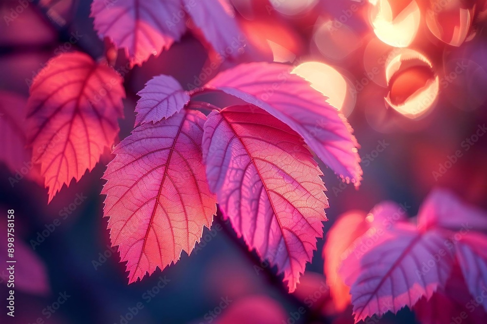 Neon pink leaf pattern shines on urban nature backdrop in the metropolitan foliage. Neon pink leaf pattern shines on urban nature backdrop in the metropolitan foliage.
