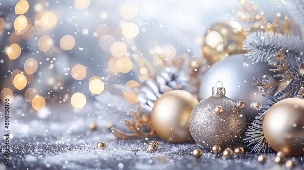 Gold and silver New Year decorations with a sparkling background, perfect for festive celebrations.
Gold and silver New Year decorations with a sparkling background, perfect for festive celebrations.
