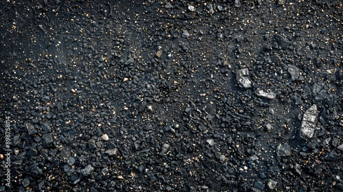 A close-up shot of a black gravel surface with small rocks and dust, symbolizing texture, roughness, natural, outdoor, and environment.