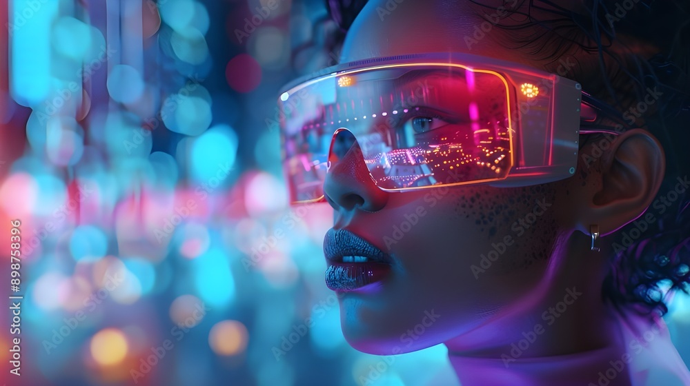 Futuristic Vision in Neon Lights: Woman with High-Tech Eyewear in Vibrant Cityscape Futuristic Vision in Neon Lights: Woman with High-Tech Eyewear in Vibrant Cityscape