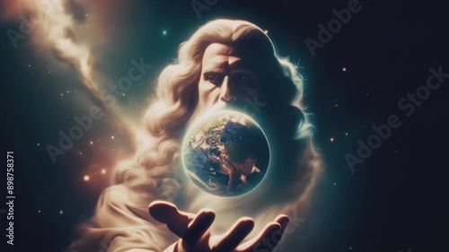 Genesis, creation of world. God creating or watching over earth, holding it in his hand among the universe. Religious Christian illustration.
