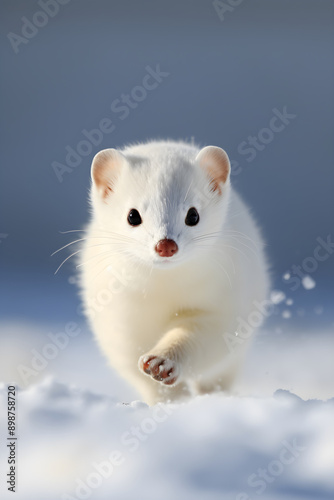 A Delicate Sprint in the Snow: Winter White Ermine Captured in a Snowy Landscape