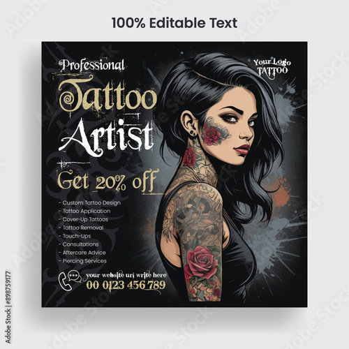 Tattoo studio Editable Social media post banner ad template Set, Tattoo artist salon promotional advertisement, web banner  design