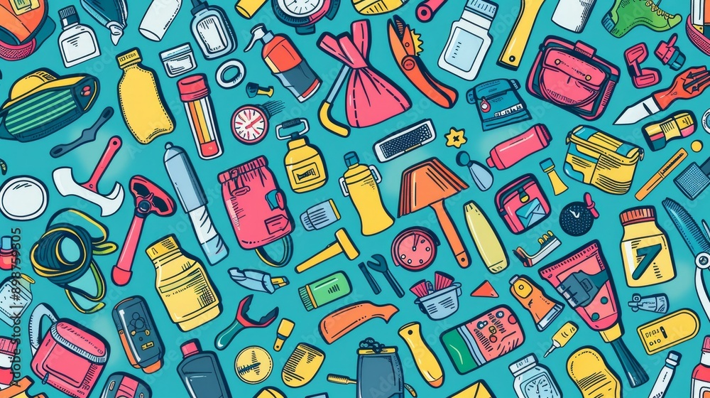A vibrant illustration of camping and hiking essentials, showcasing a diverse range of equipment, tools, and supplies, emphasizing the joy and adventure of outdoor activities. A vibrant illustration of camping and hiking essentials, showcasing a diverse range of equipment, tools, and supplies, emphasizing the joy and adventure of outdoor activities.