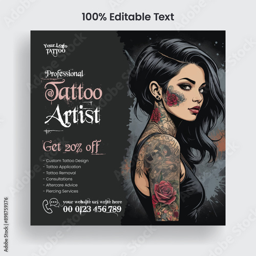 Tattoo Studio Social Media Post and Square Flyer Vector Template for Tattoo Artist Salon Marketing, Body Art Advertising, Creative Ink Art Poster, and Editable Promotional Design