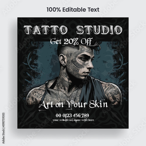 Modern Tattoo Artist Salon Square Flyer Template with Creative Ink Art Design for Social Media Post, Editable Poster, Body Art Advertising, and Tattoo Studio Promotional Banner