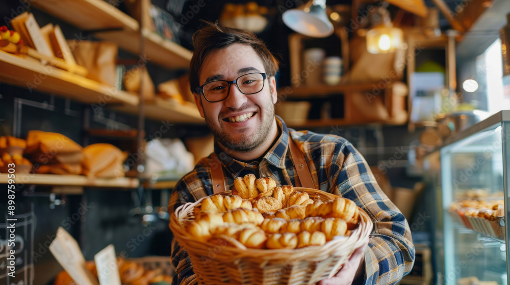 Cheerful worker with Down syndrome in a bakery holding fresh pastries Cheerful worker with Down syndrome in a bakery holding fresh pastries