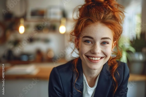 Confident Young Woman with Fiery Red Hair Nails Online Job Interview from Stylish Home Office