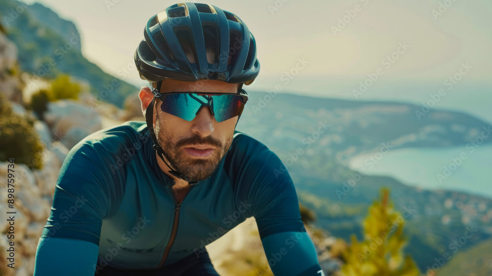 Male cyclist with helmet and sunglasses on mountain road
