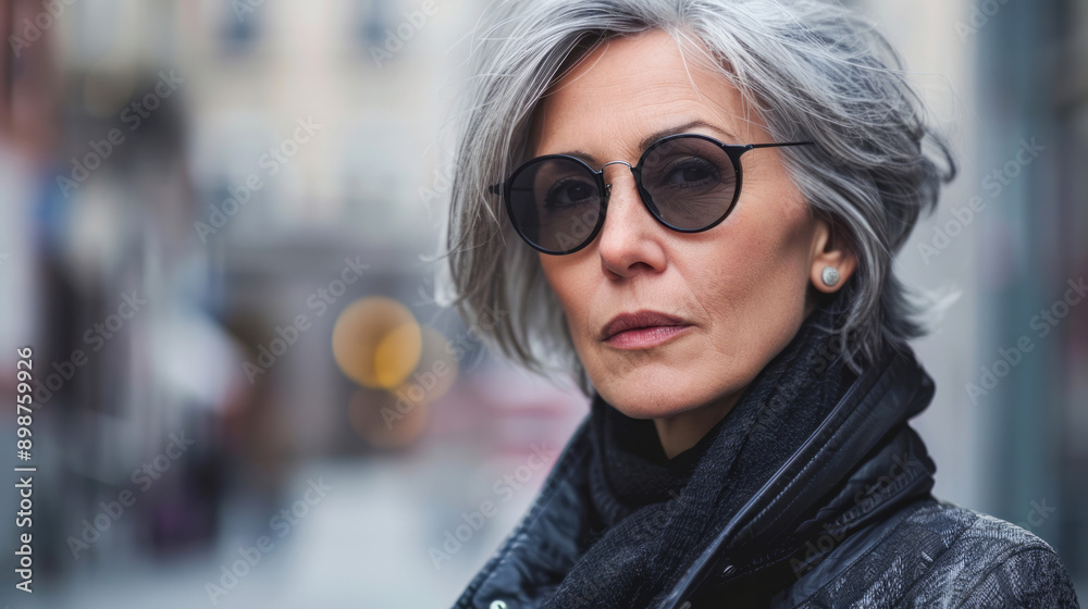 Confident mature woman with gray hair and round sunglasses Confident mature woman with gray hair and round sunglasses
