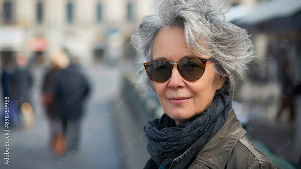 Fashionable gray-haired woman with sunglasses in cityscape Fashionable gray-haired woman with sunglasses in cityscape