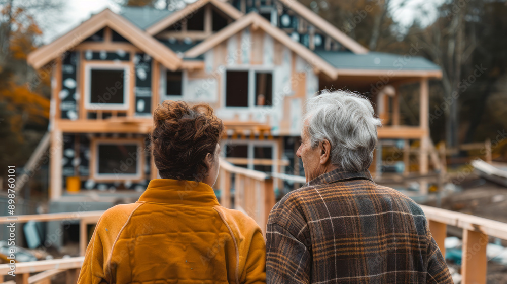 Elderly couple holding hands while looking at their partially built house Elderly couple holding hands while looking at their partially built house