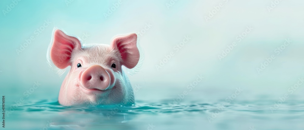 A tight shot of a pig in water, its head emerging above the surface, gazing directly at the camera A tight shot of a pig in water, its head emerging above the surface, gazing directly at the camera