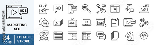 Marketing and Seo line web icons Digital marketing. Containing seo, content, website, social media. Editable stroke.