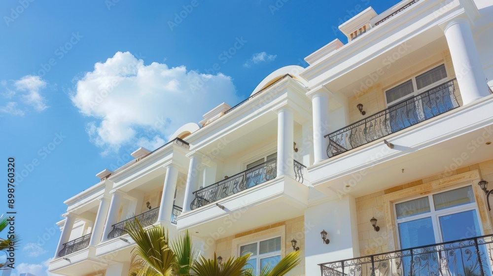 White Mediterranean Building with Balconies and Blue Sky White Mediterranean Building with Balconies and Blue Sky