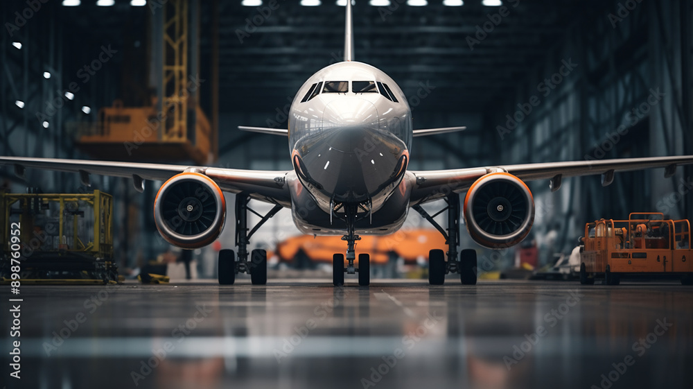 Fototapeta premium A medium shot showing the main landing gear of a modern large commercial airplane standing in a hangar during day-time 