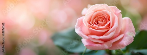  A tight shot of a pink rose with nearby green leaves, softly focused Background subtly blurred