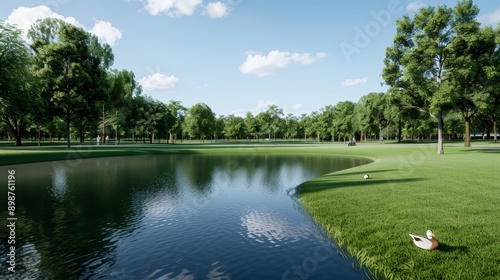 A tranquil park with a pond, ducks, and people enjoying a leisurely day, with copy space, high-resolution photo, cinematic image, hyper realistic