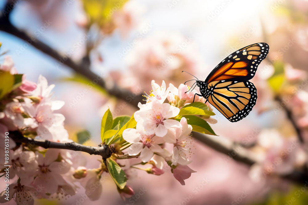 A macro shot with shallow depth of field of a monarch butterfly which is sitting on a blooming flowerwith a background of typical flowers such as apple blossom a spring background with bokeh and avint A macro shot with shallow depth of field of a monarch butterfly which is sitting on a blooming flowerwith a background of typical flowers such as apple blossom a spring background with bokeh and avint