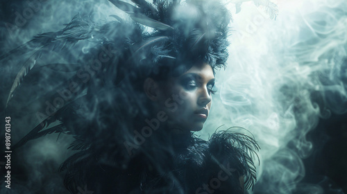 Young woman in dark makeup posing in a mysterious setting with smoky effects, dressed in a costume decorated with black feathers