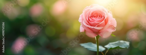  A pink rose, close-up on stem, green leaves in foreground Bright background light