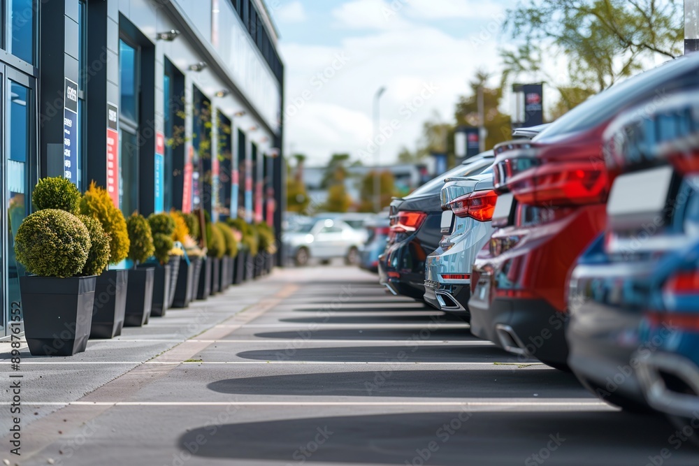 Naklejka premium A bustling outdoor parking lot displays a mix of sedans, SUVs, and trucks available for sale and rent. Informative signs about the dealership and rental services are present