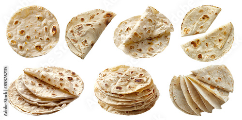 Tortilla tortillas flatbread bread bun on transparent cutout, PNG file. Many assorted different angles, stack, pile, fold. Mockup template for artwork design photo